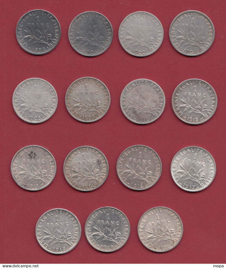 15 Pièces De 1 Franc "Semeuse" --Argent --1898-1901-02-04-05-09-10-12-13-14-16-17-18-19-20 Dans L 'état - 1 Franc