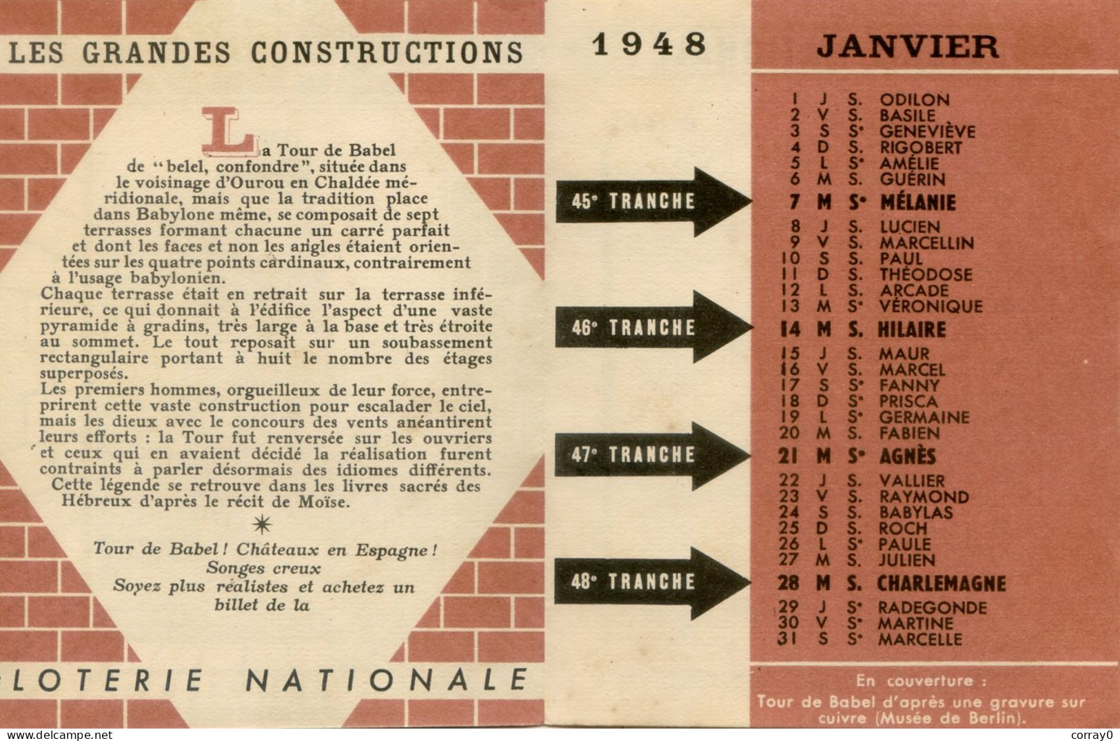 LOTERIE NATIONALE. Calendrier Janvier 1948 - Billets De Loterie