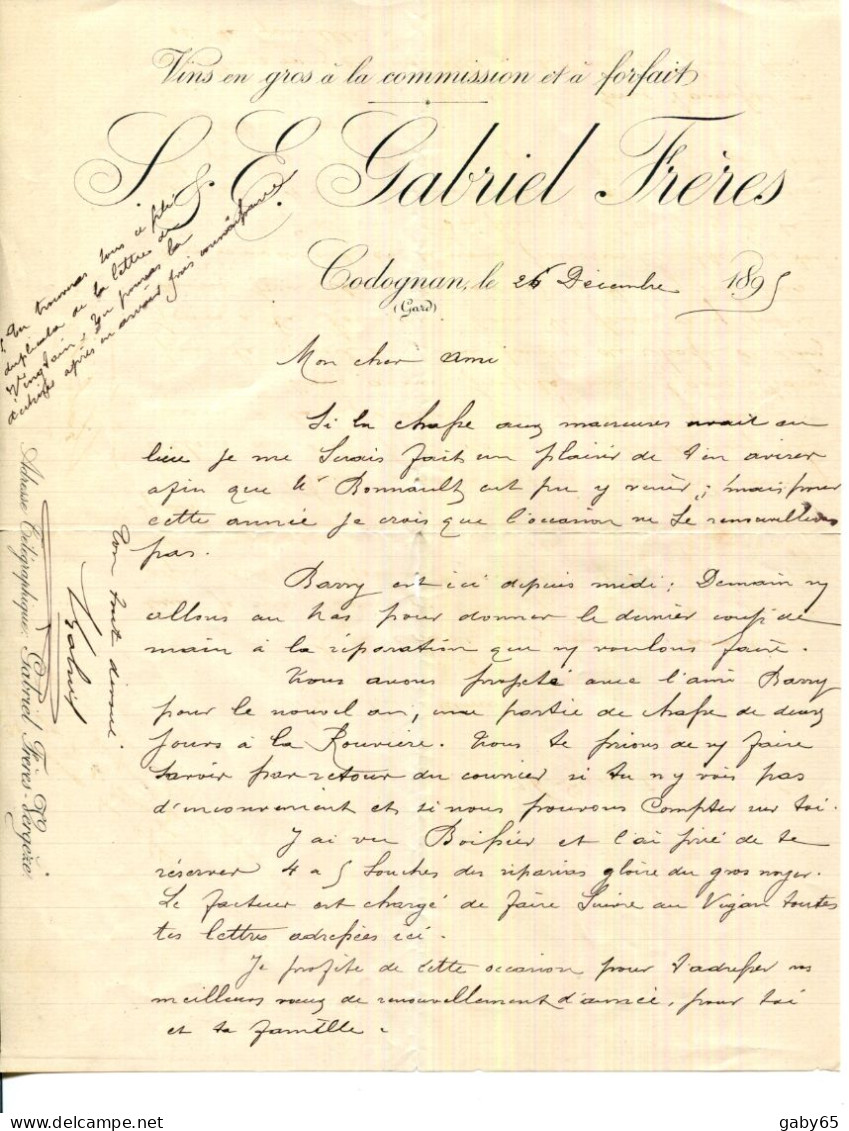 FACTURE.30.GARD.CODOGNAN.VINS & SPIRITUEUX.S.GABRIEL & BLATIÈRE. - Alimentaire