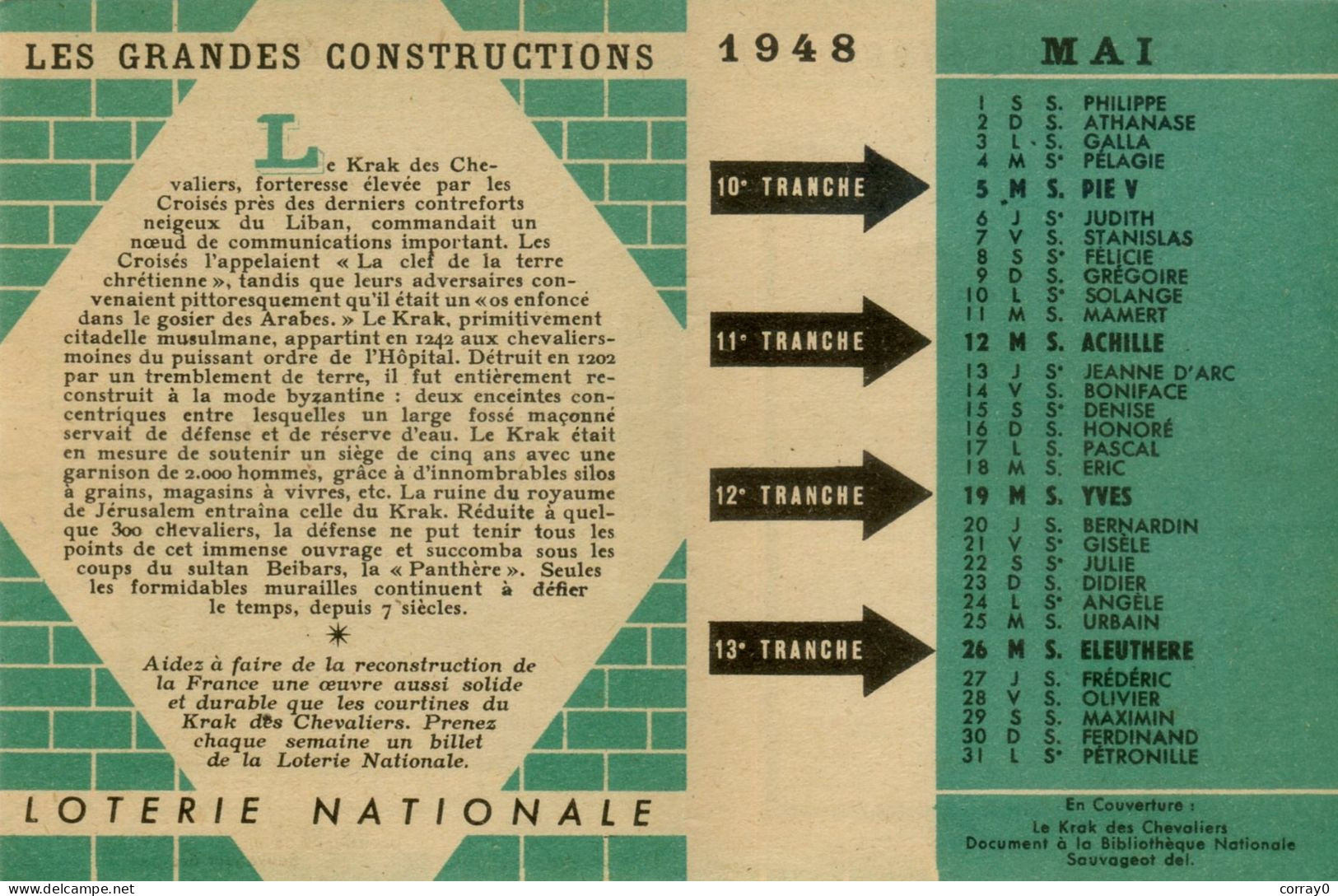 LOTERIE NATIONALE. Calendrier Mai 1948 - Billets De Loterie