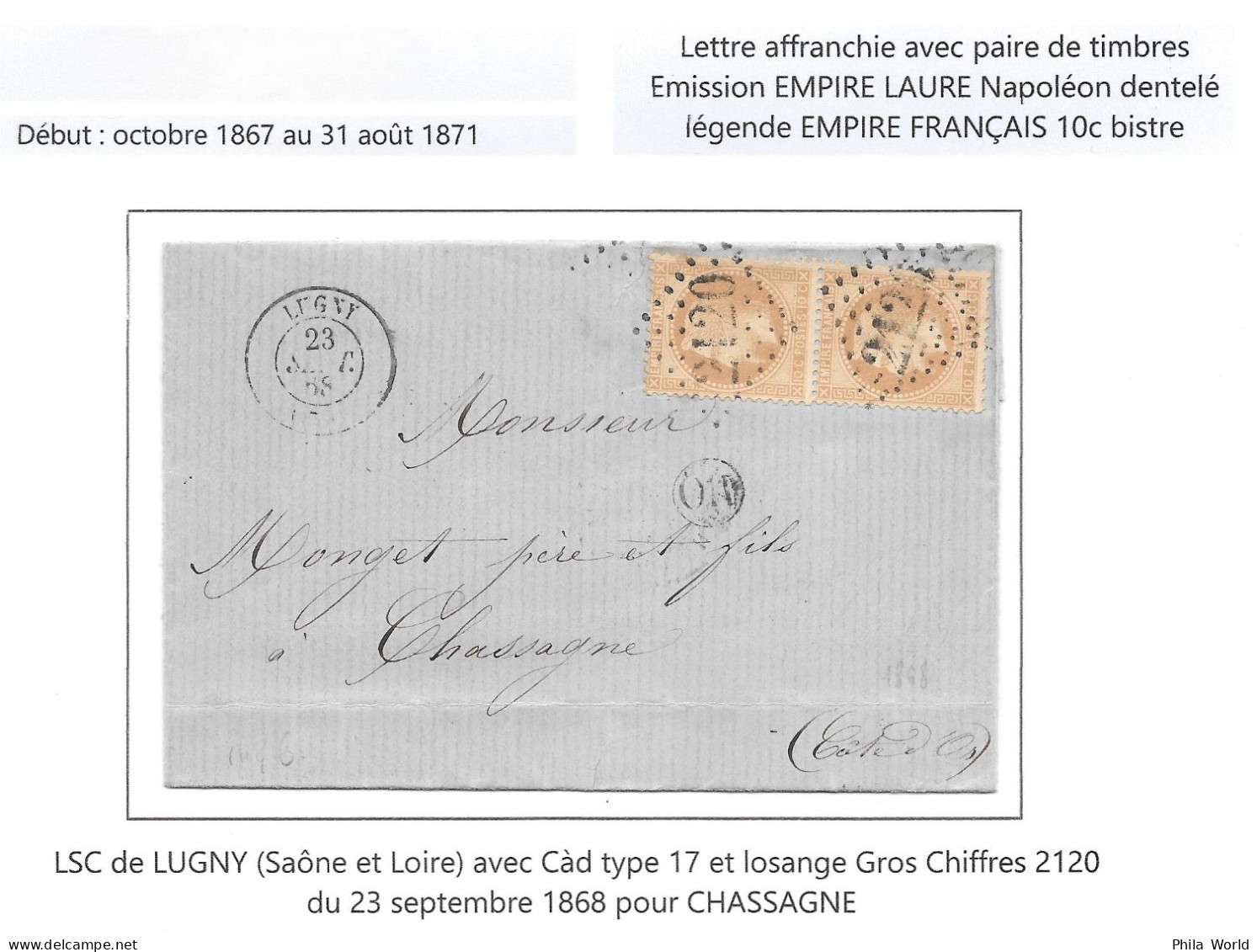 LSC 1868 LUGNY Saône & Loire T17 GC 2120 Empire LAURE NAPOLEON 2 10 C Bistre CHASSAGNE Côte Or Cachet OR Origine Rurale - 1849-1876: Periodo Classico