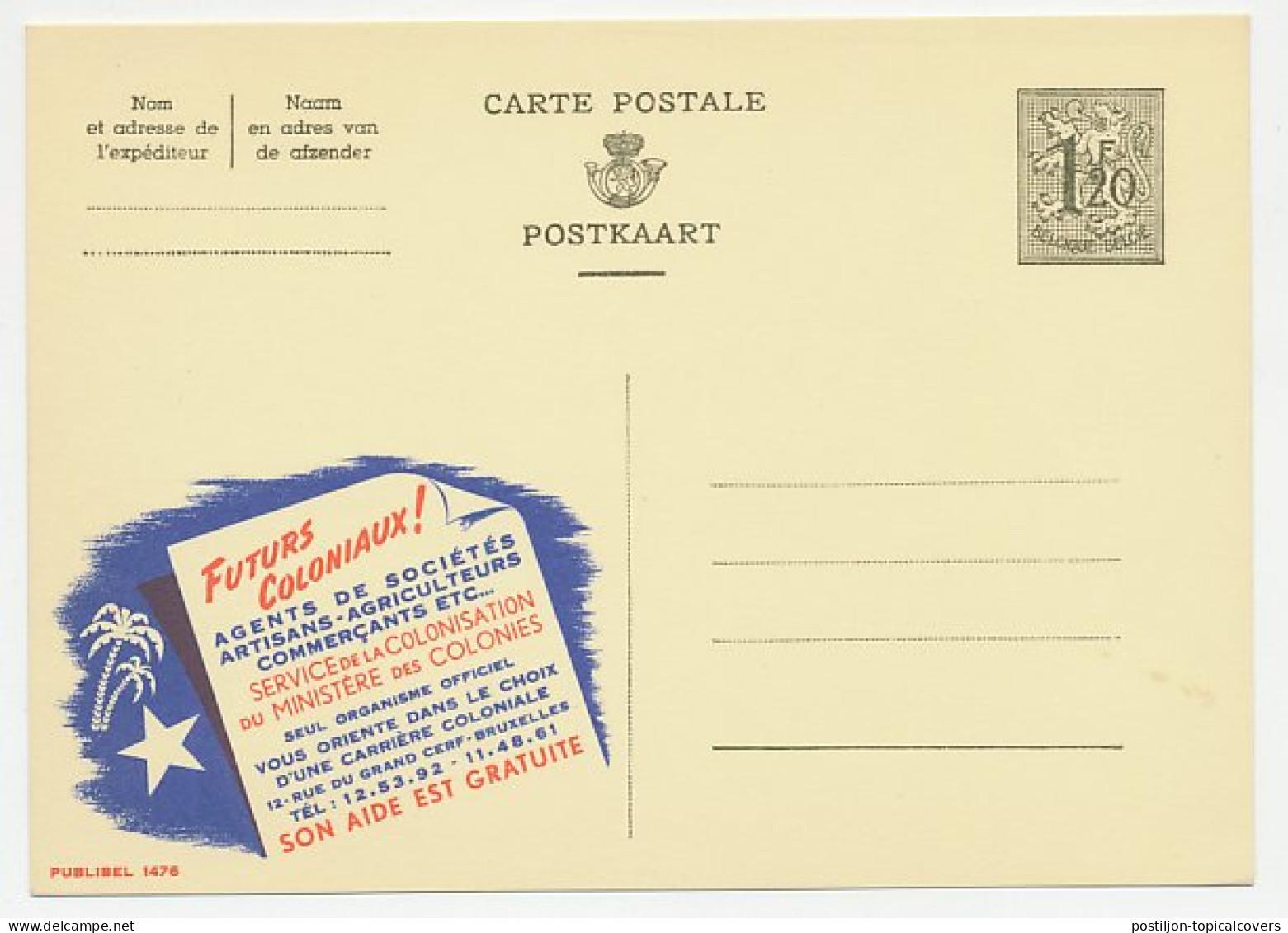 Publibel - Postal Stationery Belgium 1954 Colonization Service - Palm Tree - Star  - Non Classificati