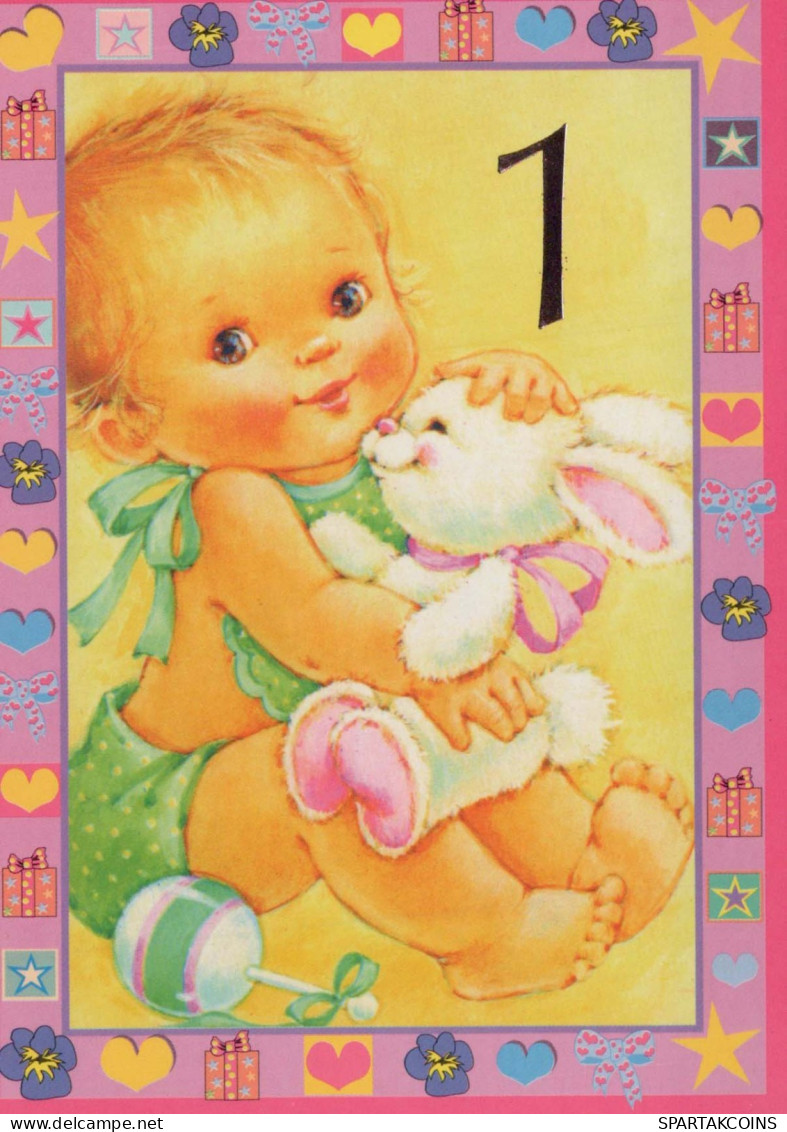 FELIZ CUMPLEAÑOS 1 Año De Edad CHICA NIÑOS Vintage Tarjeta Postal CPSM #PBT932.ES - Verjaardag