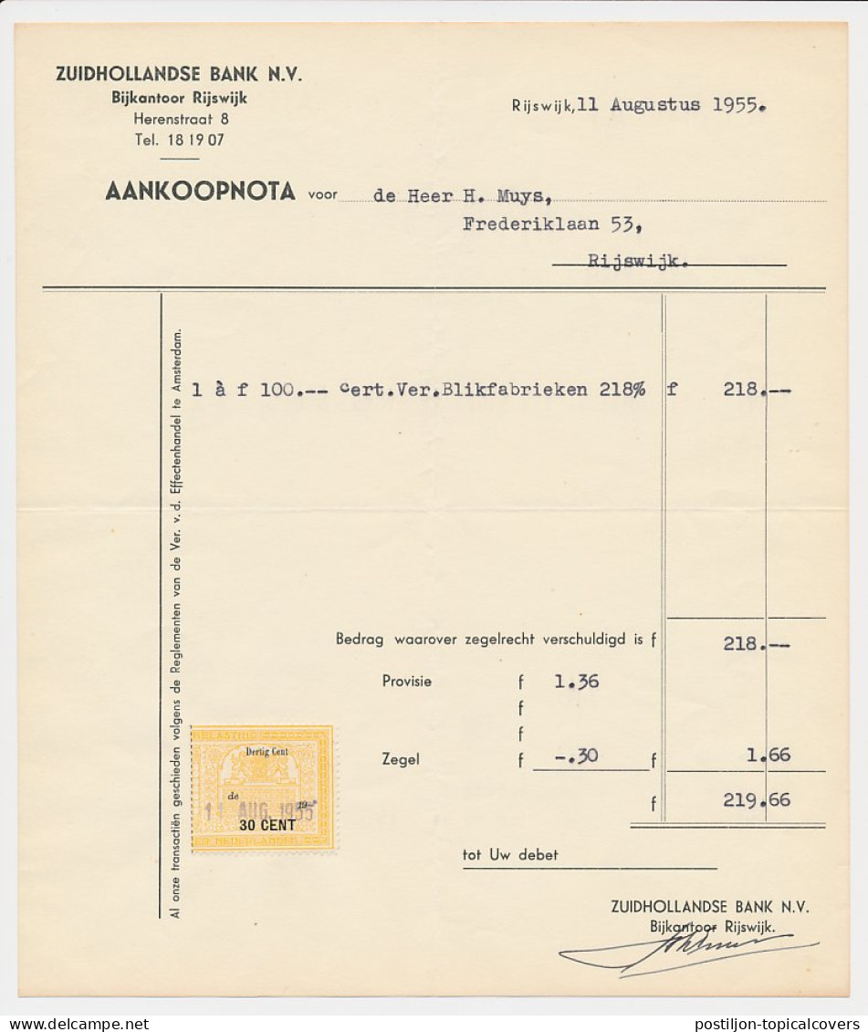 Beursbelasting 30 CENT De 19.. - Rijswijk 1955 - Revenue Stamps