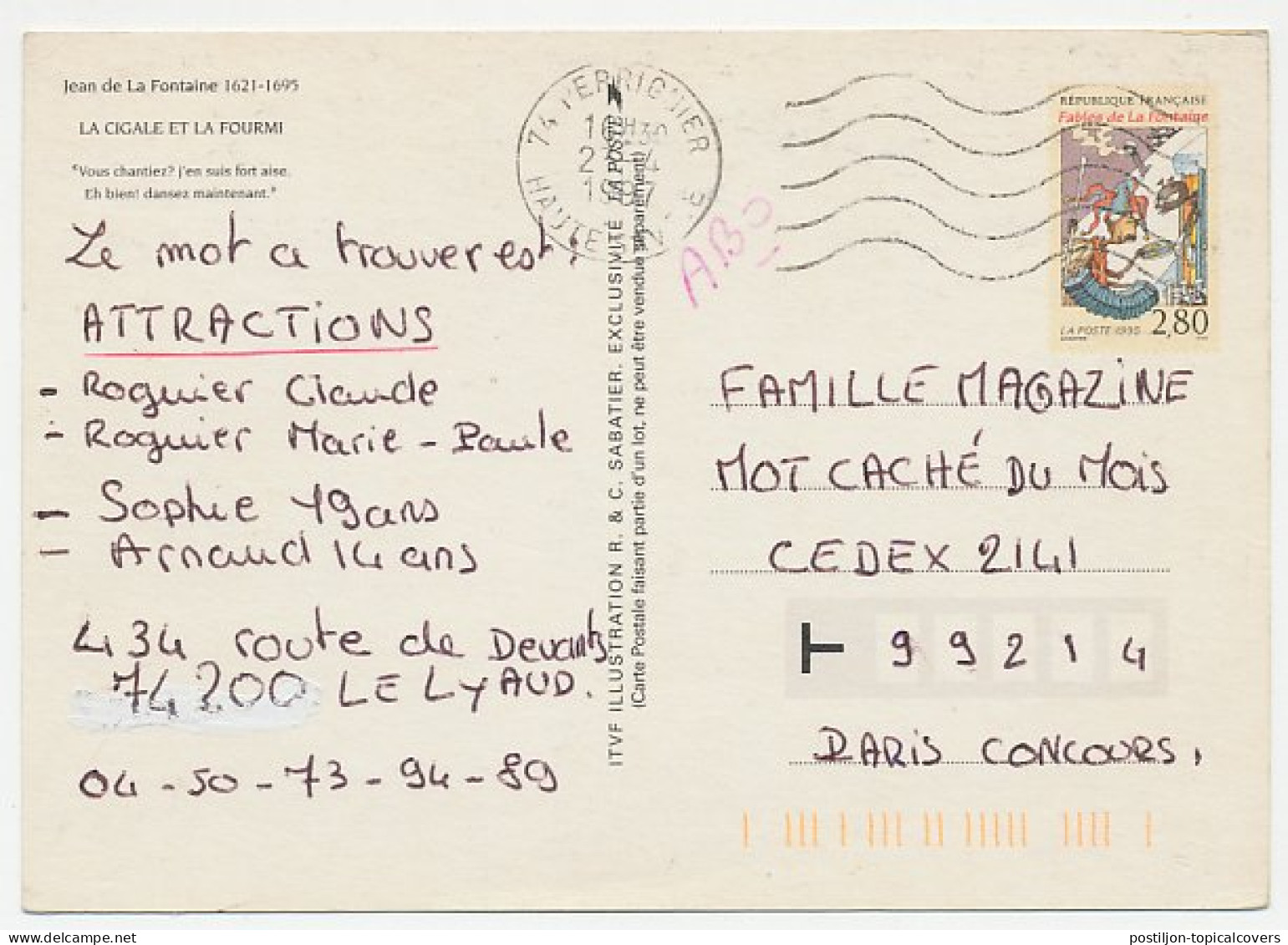 Postal Stationery France 1995 Jean De La Fontaine - The Ant And The Grasshopper - Fairy Tales, Popular Stories & Legends