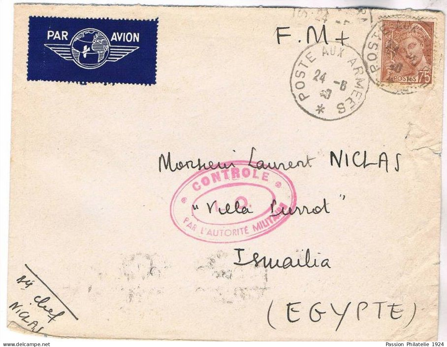 MERCURE 75C SEUL LETTRE FM AVION POSTE AUX ARMEES 20.6.1940 / EGYPTE + CENSURE RRR - 1938-42 Mercure