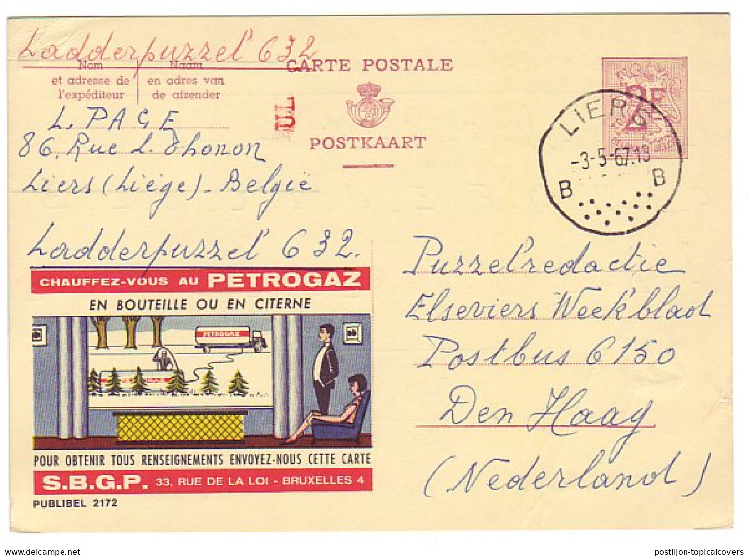 Publibel - Postal Stationery Belgium 1967 Gas - Tank Truc - Autres & Non Classés