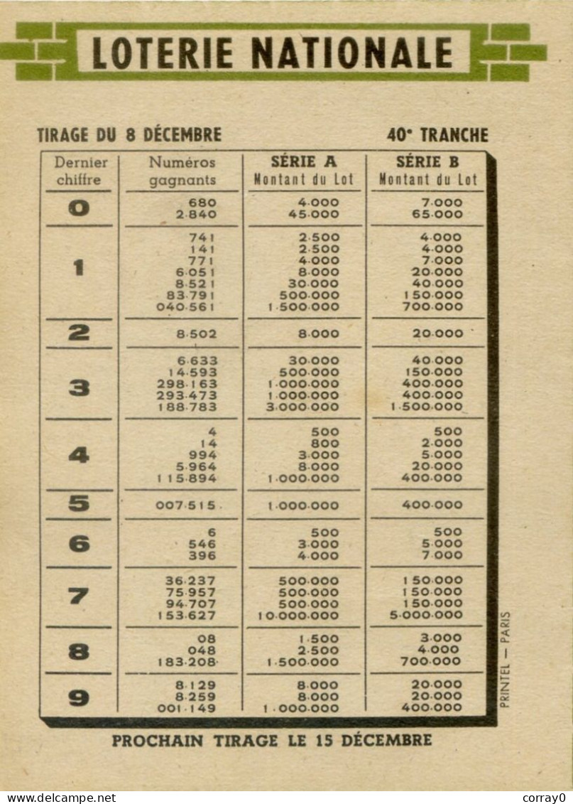 LOTERIE NATIONALE. Calendrier Décembre 1948 - Lottery Tickets