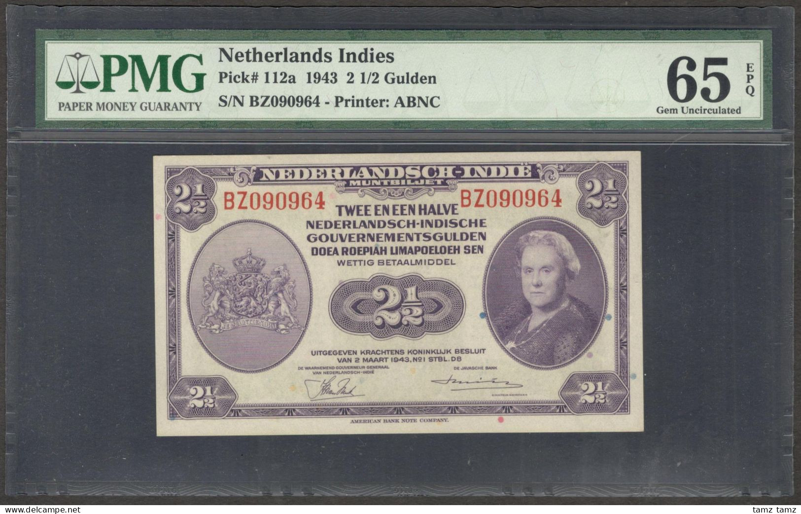 Netherlands Indies Indonesia 2.5 2 1/2 Gulden P-112a 1943 PMG 65 EPQ GEM UNC - Indonesië