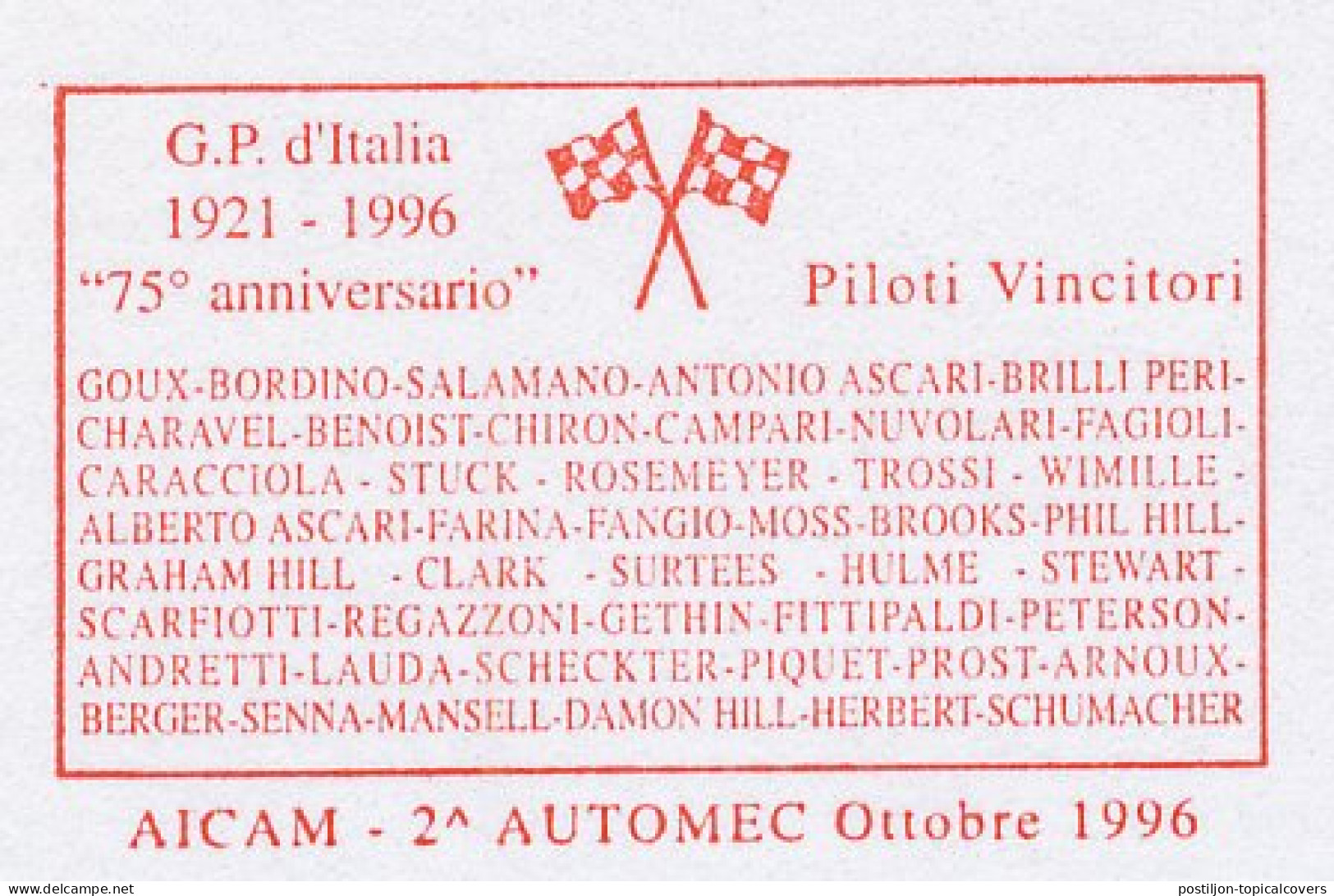 Specimen Meter Card Italy 1996 Car Race - Anniversary Grand Prix Italy - Sonstige & Ohne Zuordnung