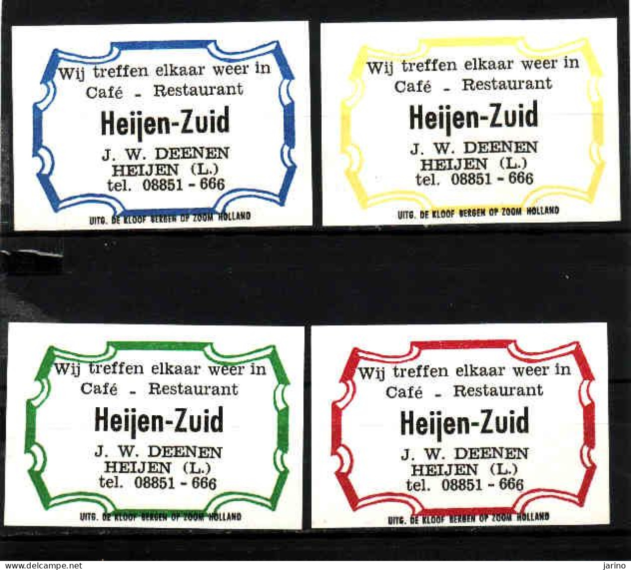 4 Dutch Matchbox Labels, HEIJEN - Limburg, Café Restaurant Heijen - Zuid, J. W. Deenen, Holland, Netherlands - Zündholzschachteletiketten