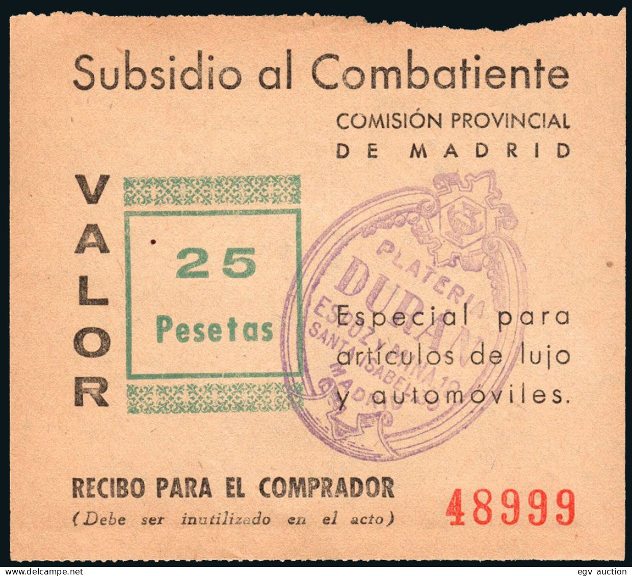 Madrid - Guerra Civil - Em. Local Nacional - Allepuz * 32 - "25 Pts. Subsidio Al Combatiente" - Emissioni Repubblicane