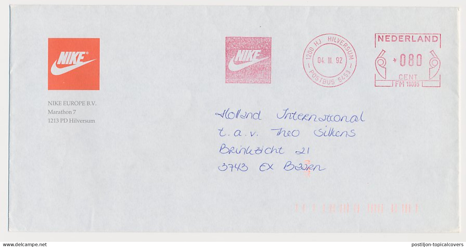 Meter Cover Netherlands 1992 Nike - Hilversum - Sonstige & Ohne Zuordnung