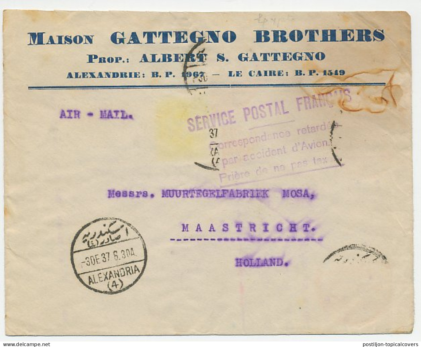 Crash Mail Cover Egypt - Netherlands 1937 Brindisi Italy - Accident D Avion - Nierinck 371205 E - Ohne Zuordnung