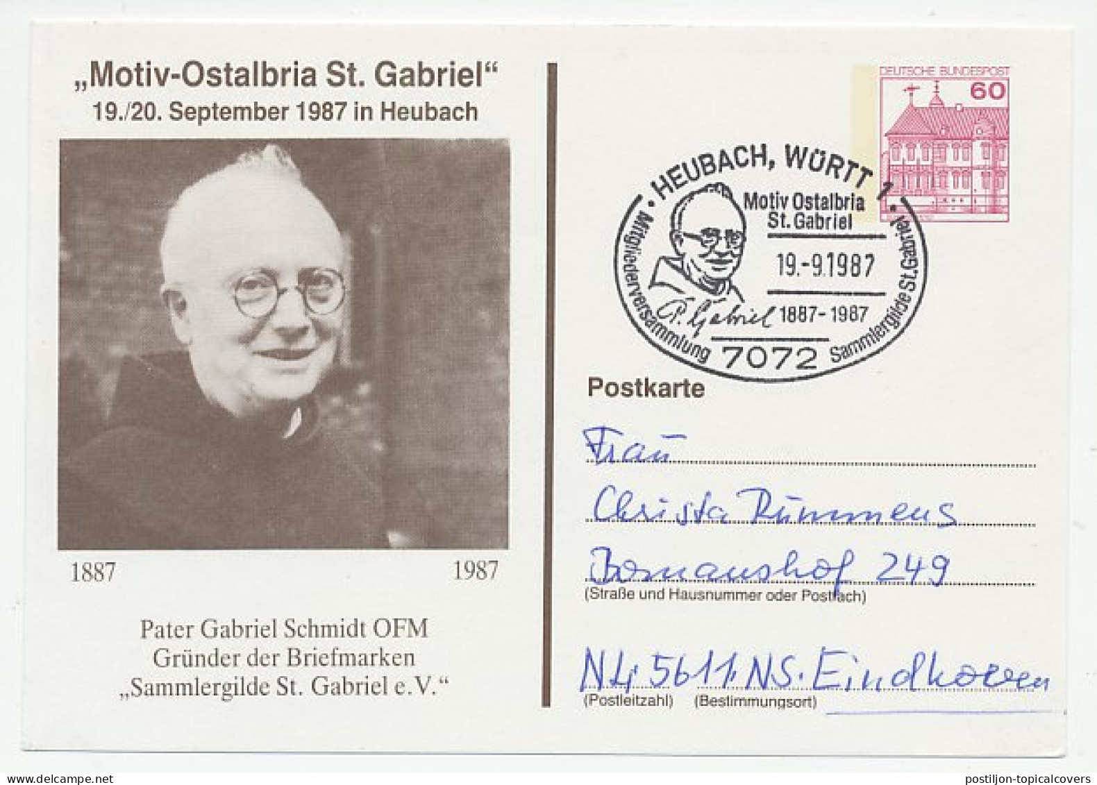 Postal Stationery / Postmark Germany 1987 Pater Gabriel - St. Gabriel - Sonstige & Ohne Zuordnung