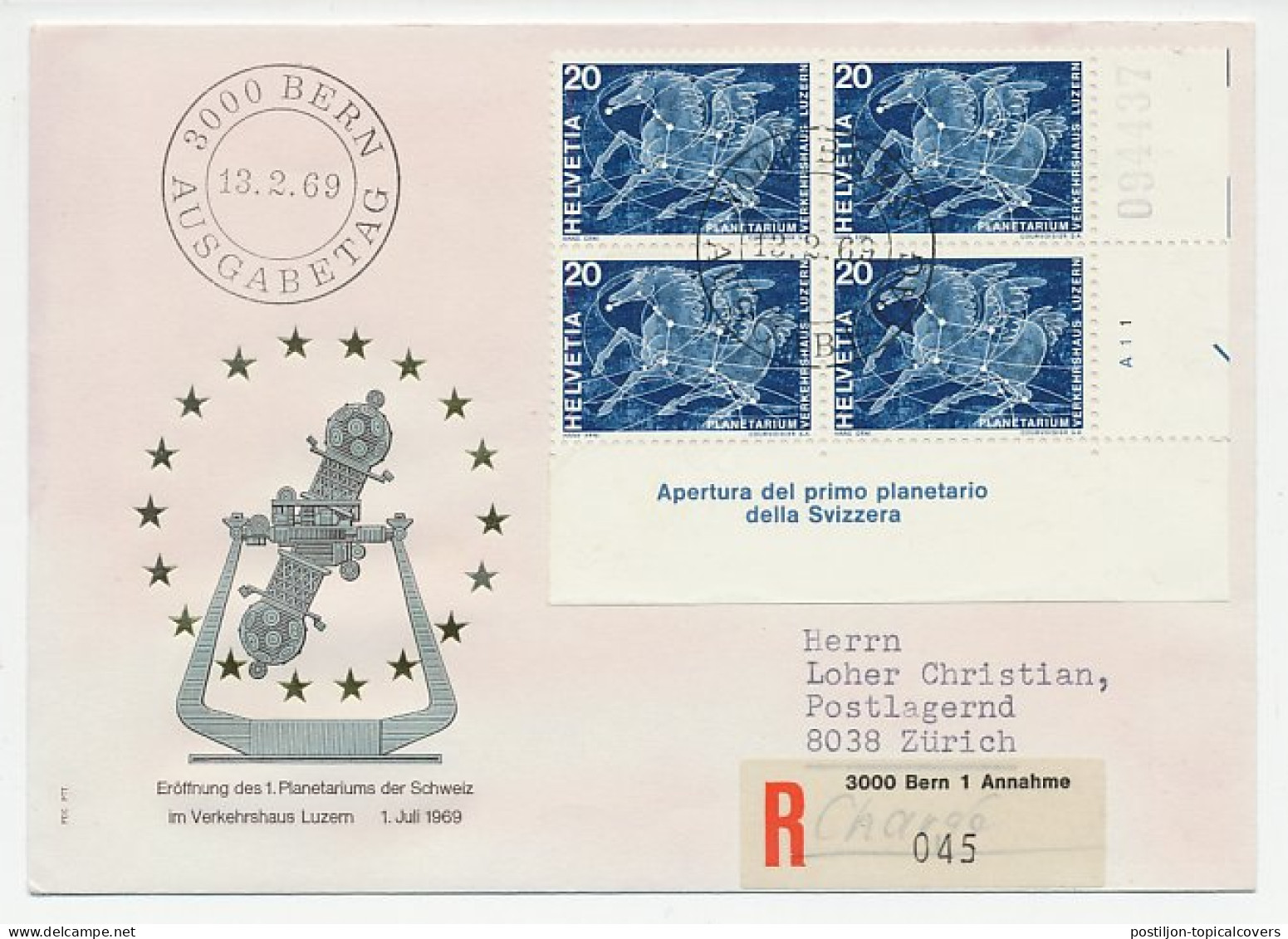 Registered Cover Switzerland 1969 Planetarium - Pegasus - Astronomùia