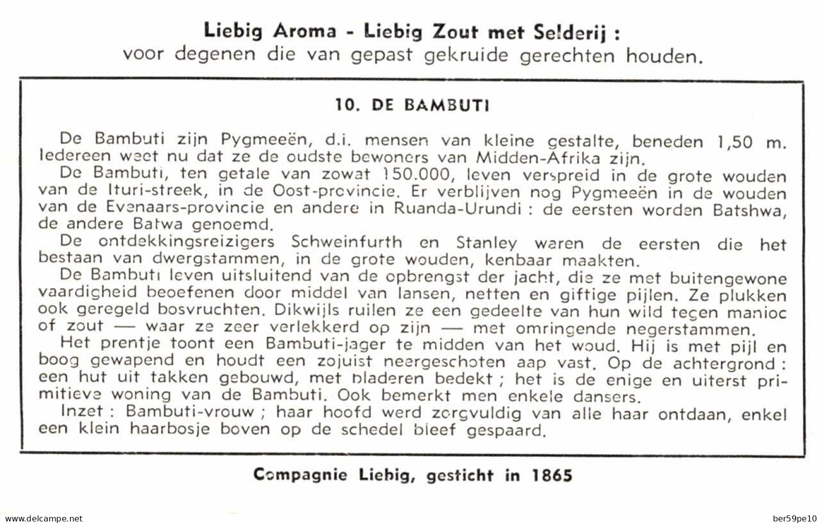 CHROMO COMPAGNIE LIEBIG VOLKSSTAMMEN VAN BELGISCH KONGO N°10 DE BAMBUTI - Liebig