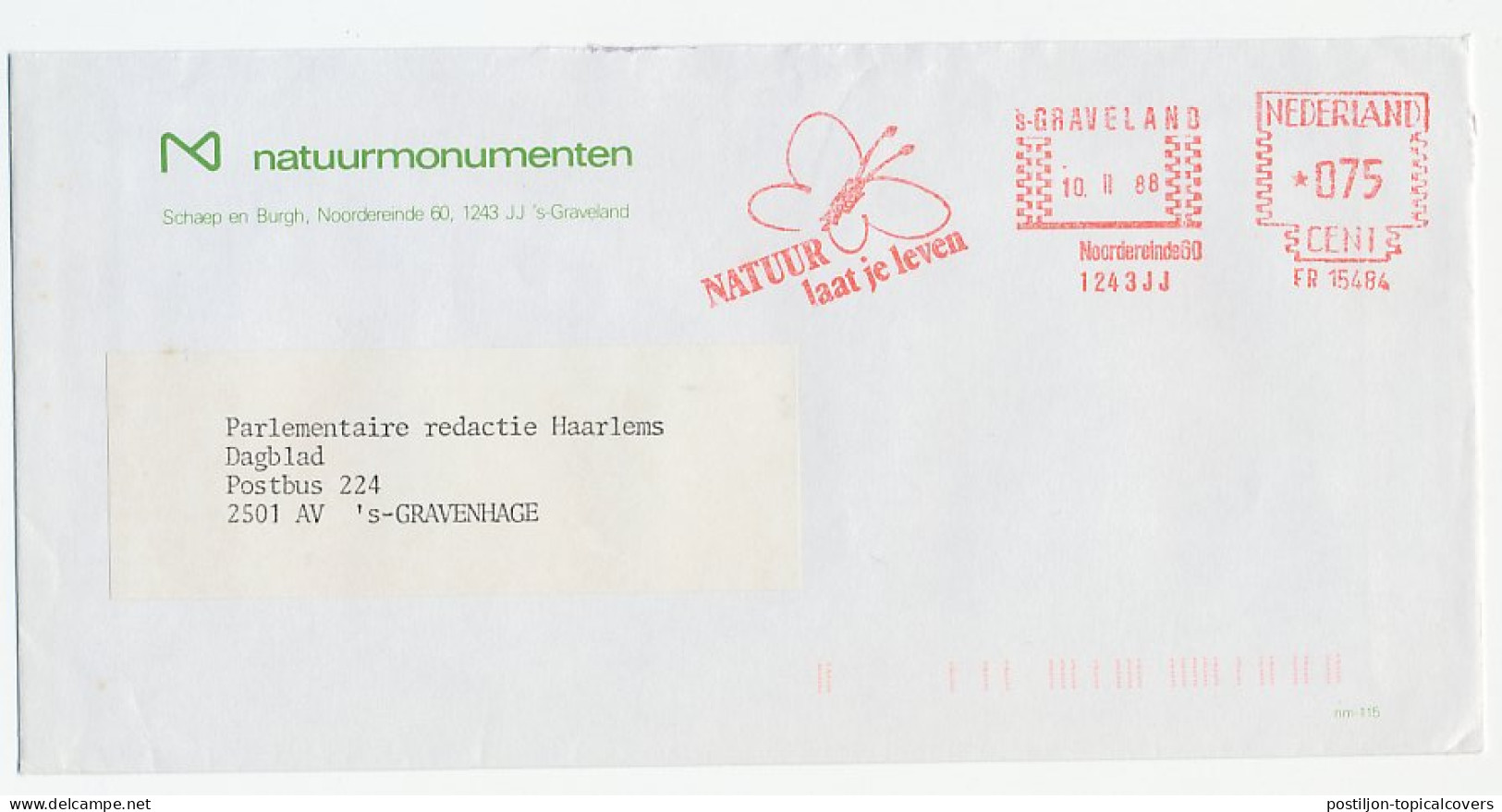 Meter Cover Netherlands 1988 Butterfly - Nature Leaves You Alive - Andere & Zonder Classificatie