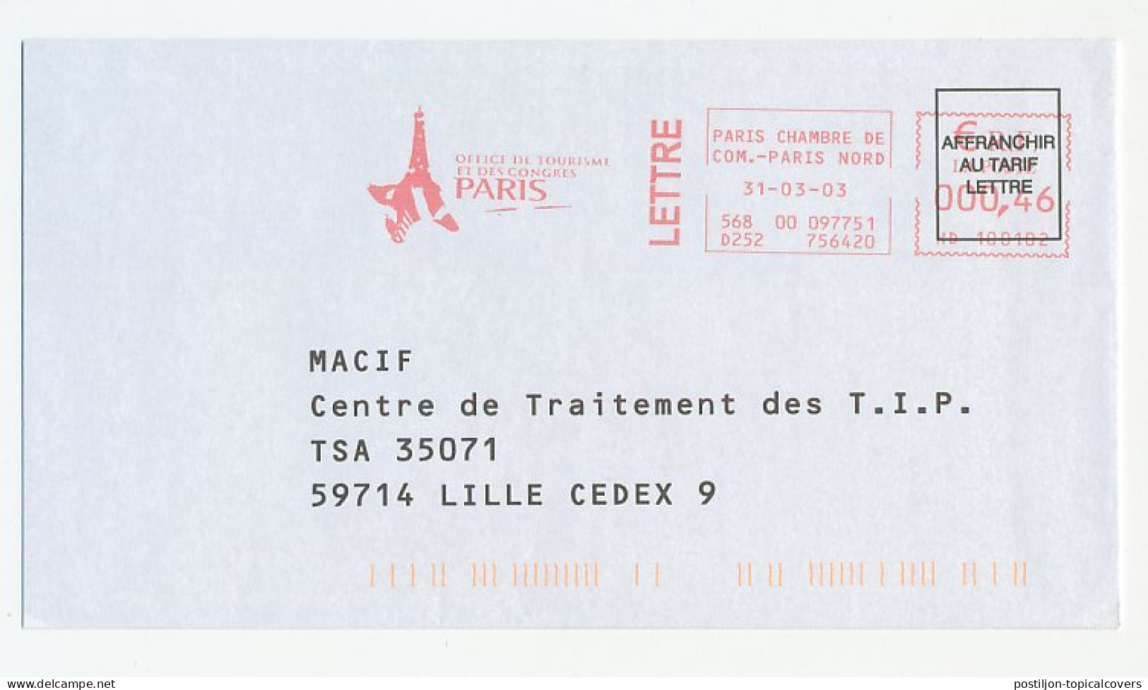 Meter Cover France 2003 Tourist Office Paris - Eiffel Tower - Sonstige & Ohne Zuordnung