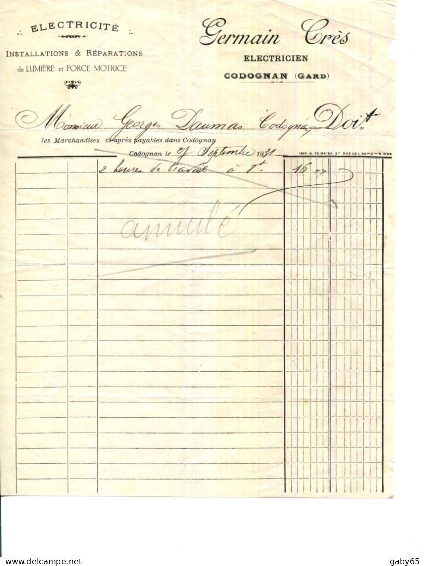 FACTURE.30.GARD.CODOGNAN.ÉLECTRICITÉ.LUMIÈRE & FORCE MOTRICE.GERMAIN CRES ÉLECTRICIEN. - Electricité & Gaz