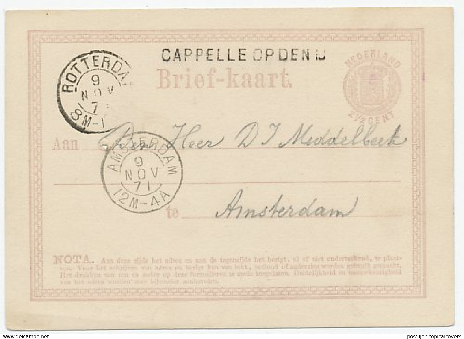 Naamstempel Cappelle Op Den IJ 1871 - Storia Postale