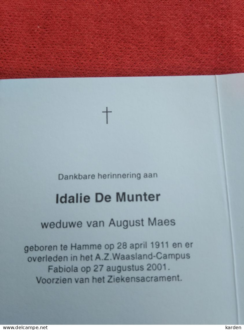 Doodsprentje Idalie De Munter / Hamme 28/4/1911 - 27/8/2001 ( August Maes ) - Religión & Esoterismo