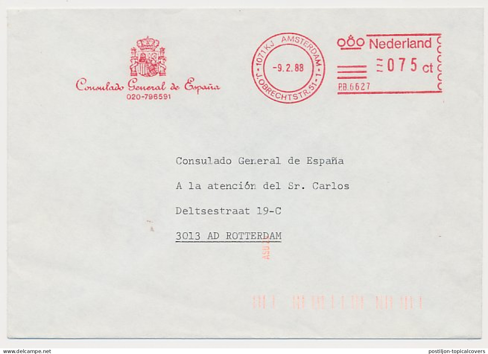 Meter Cover Netherlands 1988 Spain - Embassy - Unclassified