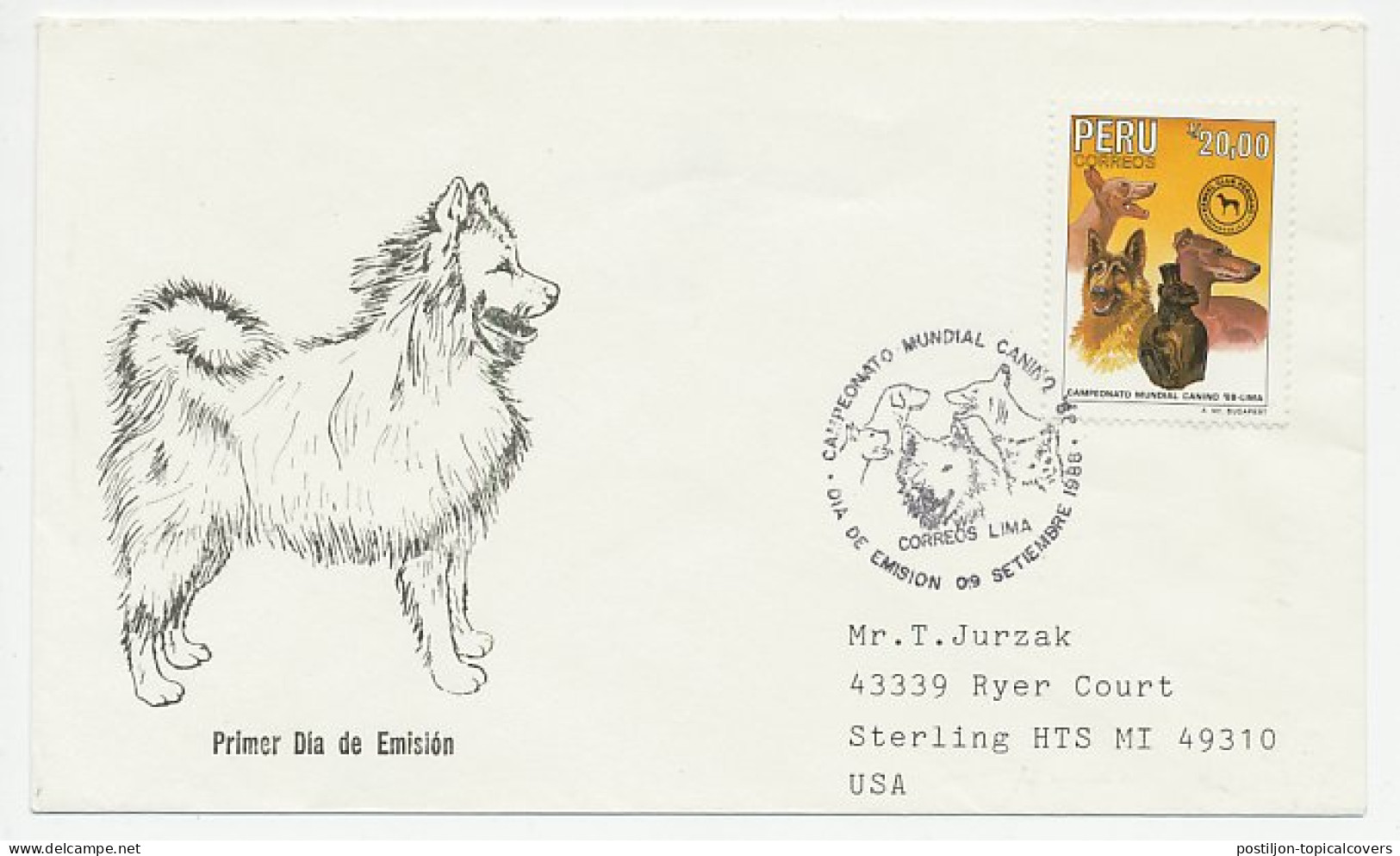 Cover / Postmark Peru 1986 Dog  - Andere & Zonder Classificatie
