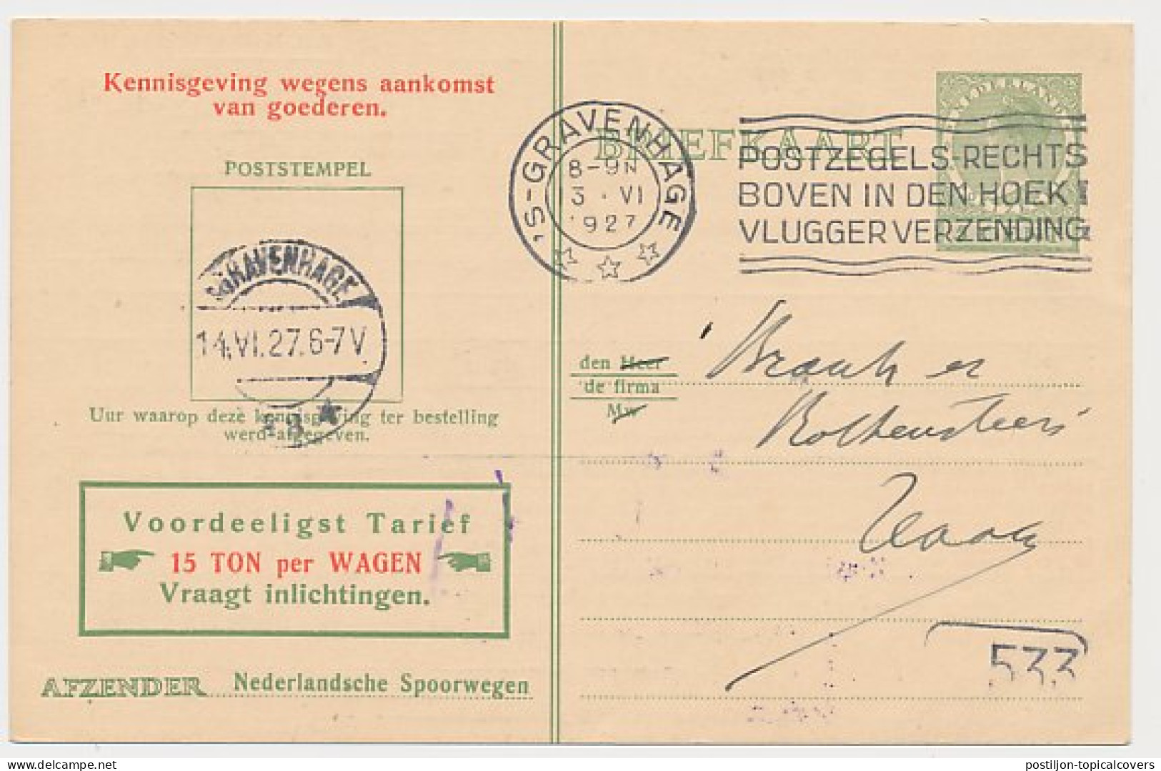 Spoorwegbriefkaart G. NS216 J - Locaal Te S Gravenhage 1927 - Postwaardestukken