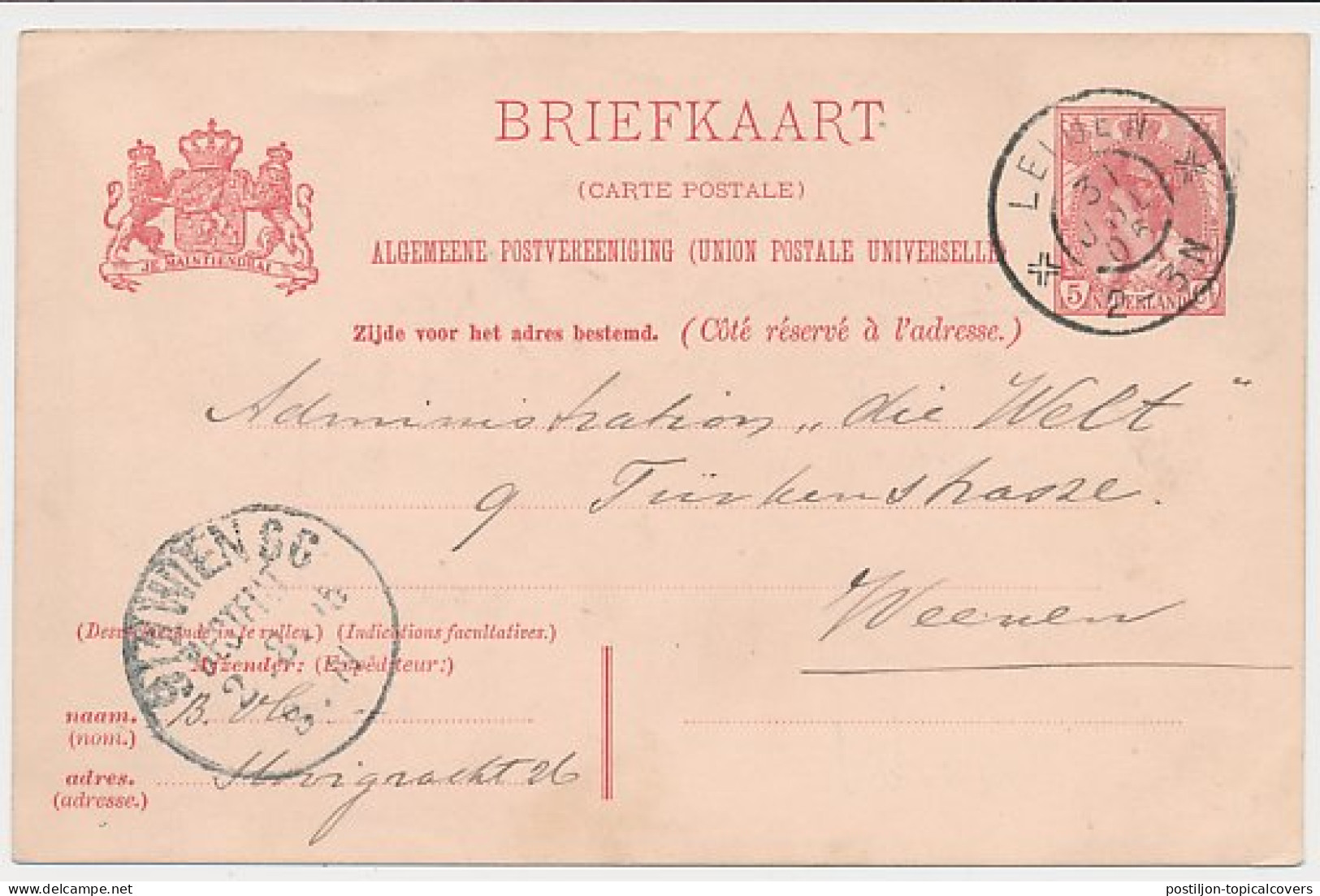 Briefkaart G. 65 Leiden - Oostenrijk 1905 - Judaica Zegel - Postwaardestukken