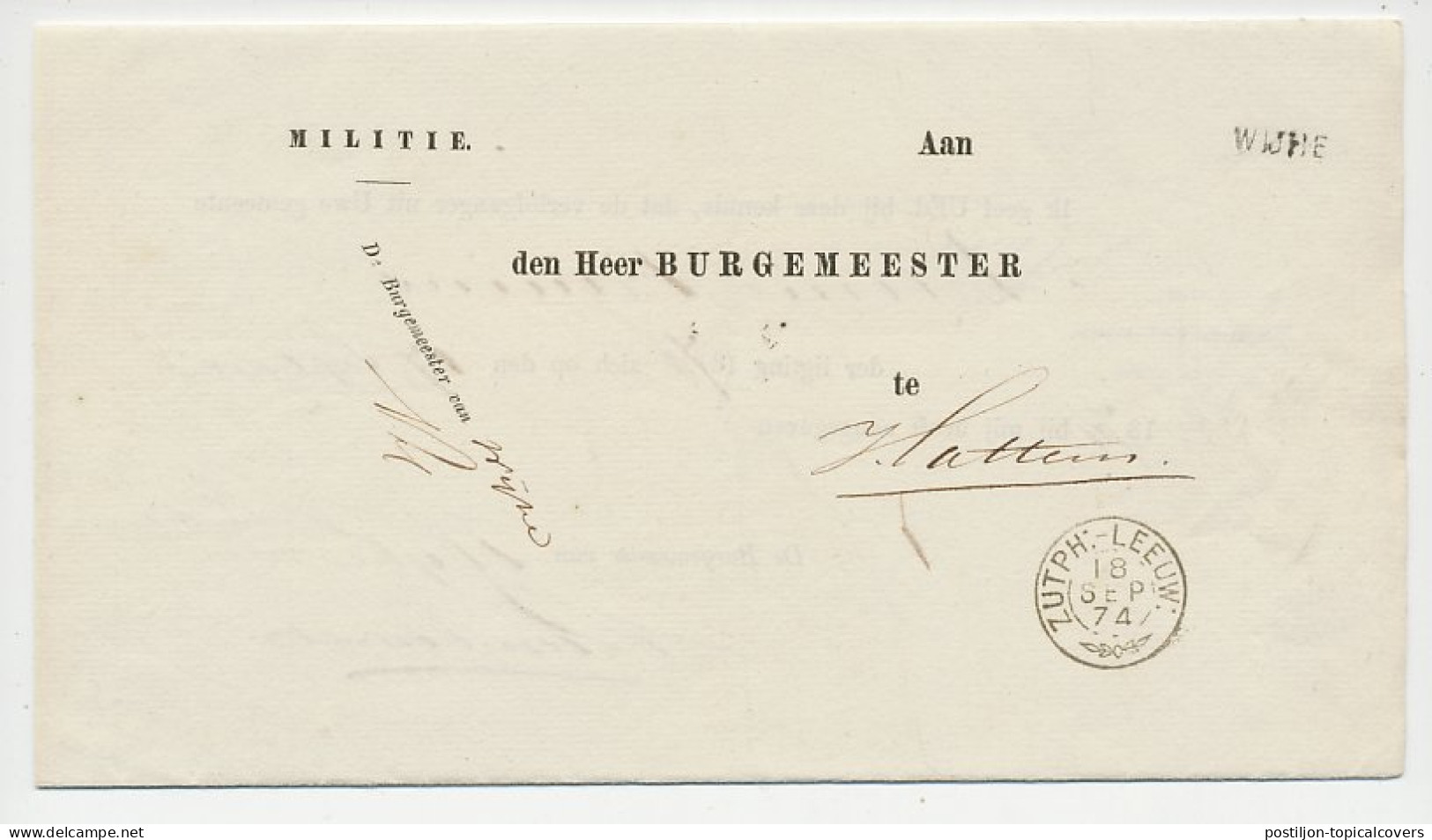 Wijhe - Trein Takjestempel Zutphen - Leeuwarden 1874 - Storia Postale