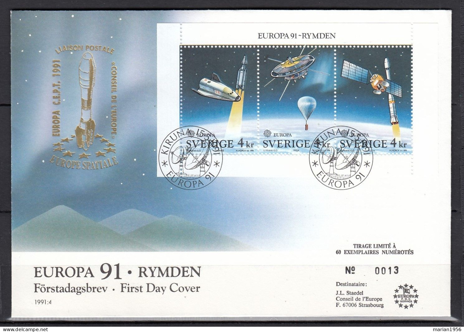 Suede 1991 - FDC Special - EUROPA CEPT - Europe Spatiale - Tirage Limite A 60 Ex.numerotes - 1991