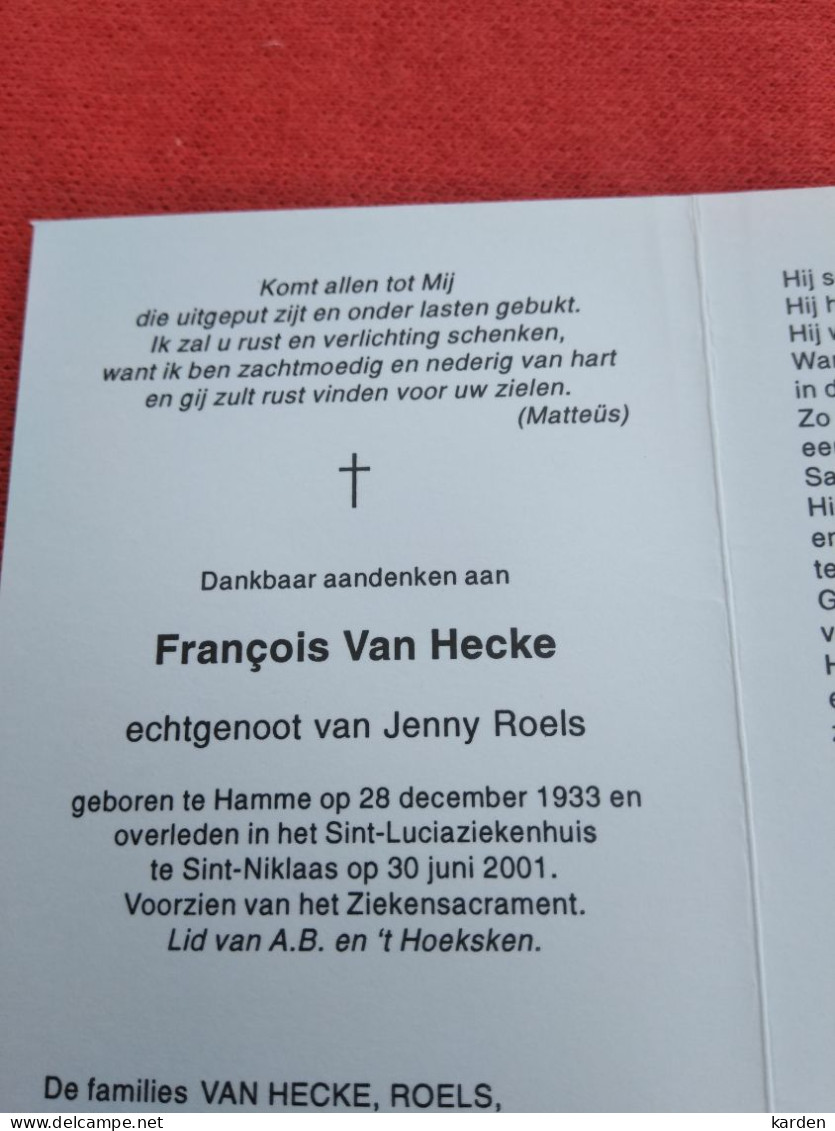 Doodsprentje François Van Hecke / Hamme 28/12/1933 Sint Niklaas 30/6/2001 ( Jenny Roels ) - Religión & Esoterismo