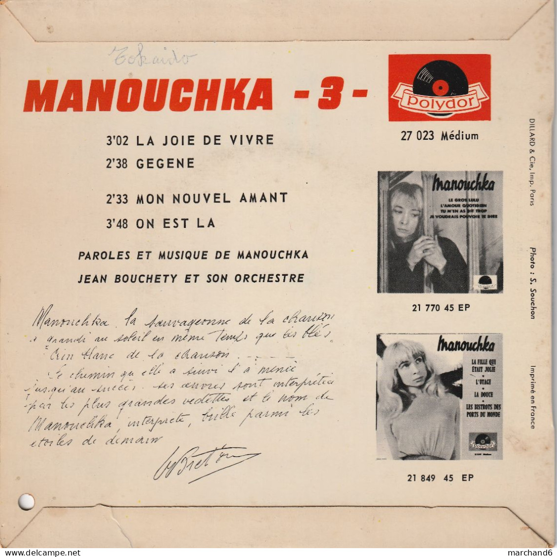 Manouchka Polydor 27023 La Joie De Vivre/gegene/mon Nouvel Amant/on Est La - Sonstige - Franz. Chansons