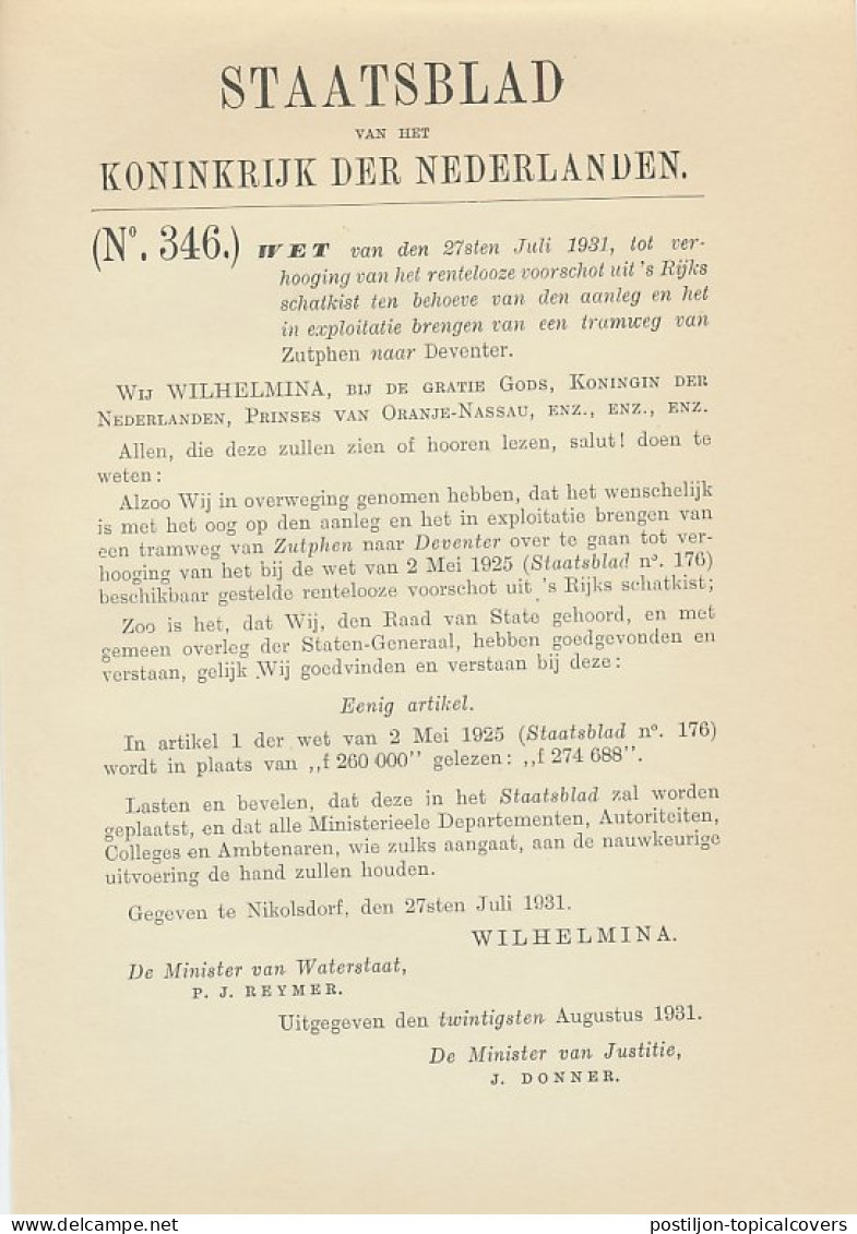 Staatsblad 1931 : Spoorlijn Zutphen - Deventer - Documenti Storici