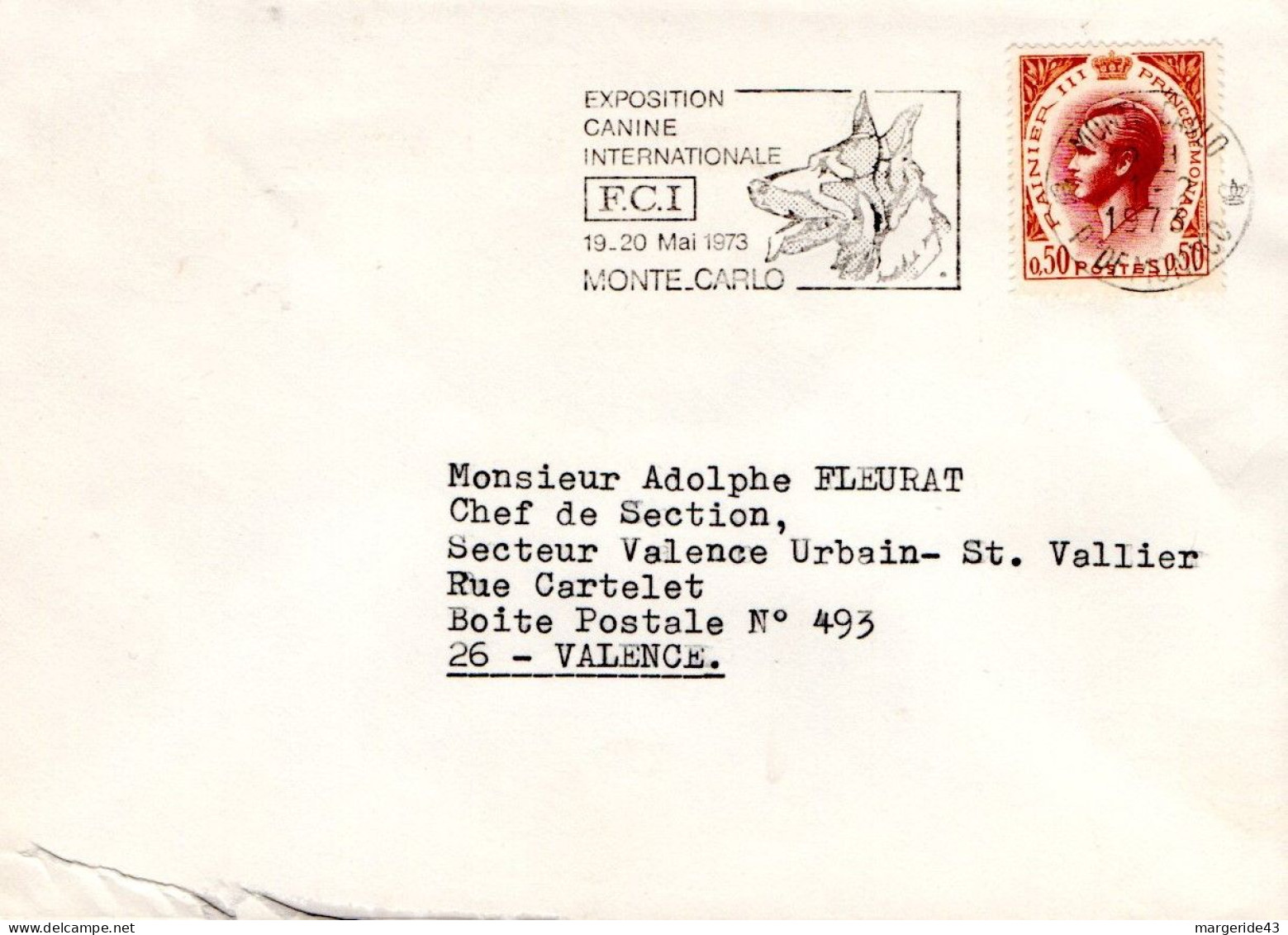 MONACO FLAMME EXPO CANINE SUR LETTRE POUR LA FRANCE 1973 - Briefe U. Dokumente