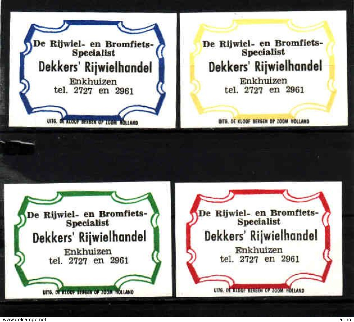 4 Dutch Matchbox Labels, ENKHUIZEN North Holland, De Rijwiel- En Bromfiets-Specialist Dekkers' Rijwielhandel Netherlands - Matchbox Labels