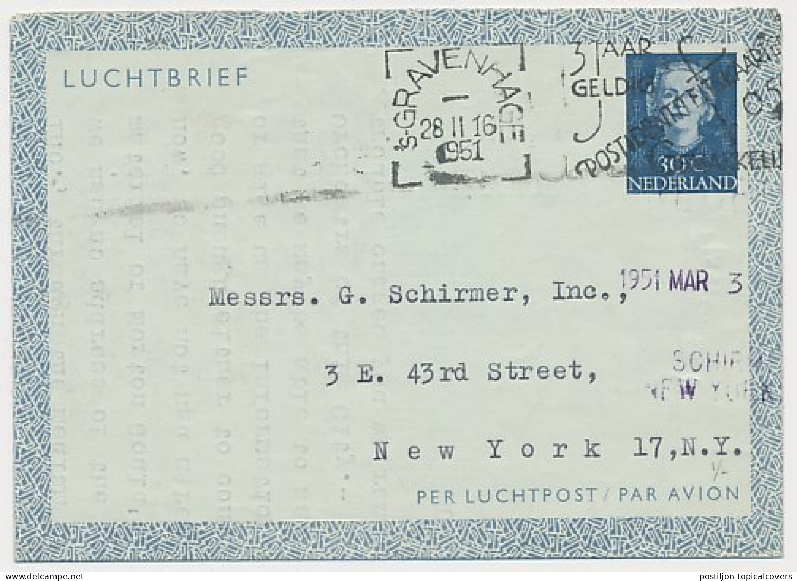 Luchtpostblad G. 3 Den Haag - New York USA 1951 - Postwaardestukken