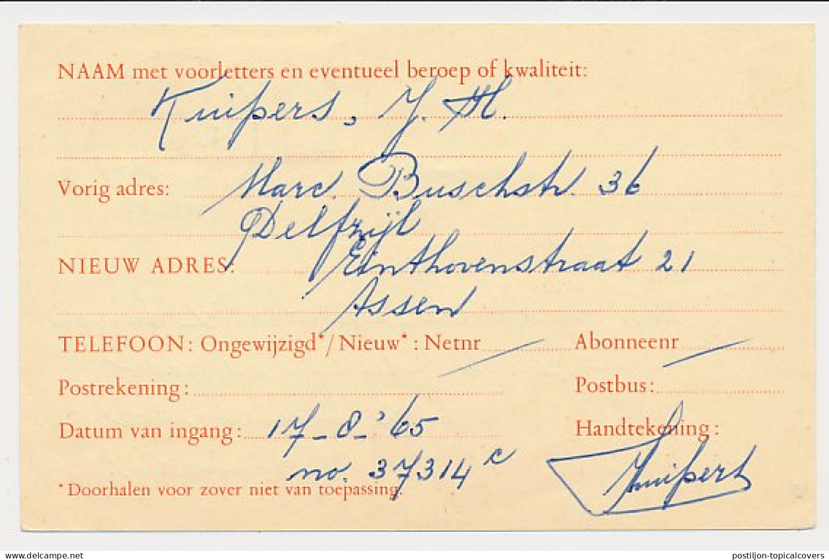 Verhuiskaart G. 30 Delfzijl - Groningen 1965 - Postwaardestukken