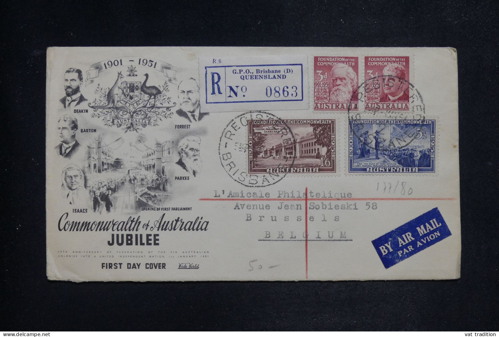 AUSTRALIE - Enveloppe FDC En Recommandé Pour La Belgique En 1951 - L 152020 - Cartas & Documentos