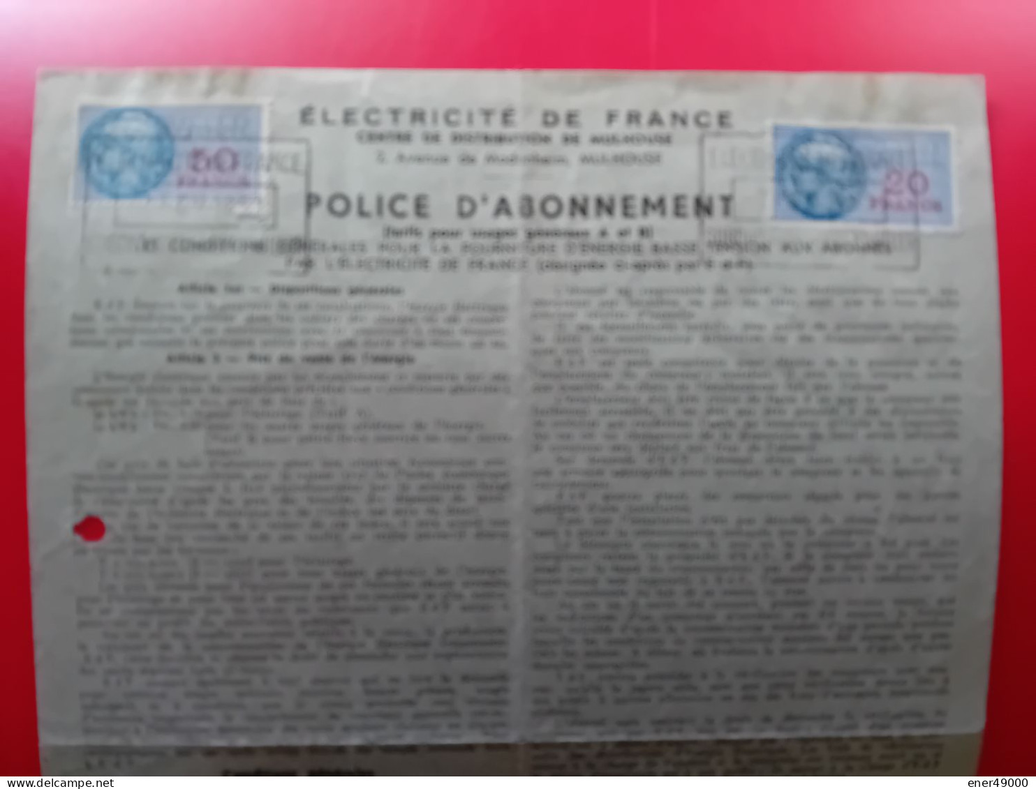 FISCAUX 20 ET 50 F SUR POLICE D'ABONNEMENT ELECTRICITE DE FRANCE 1951 - Briefe U. Dokumente