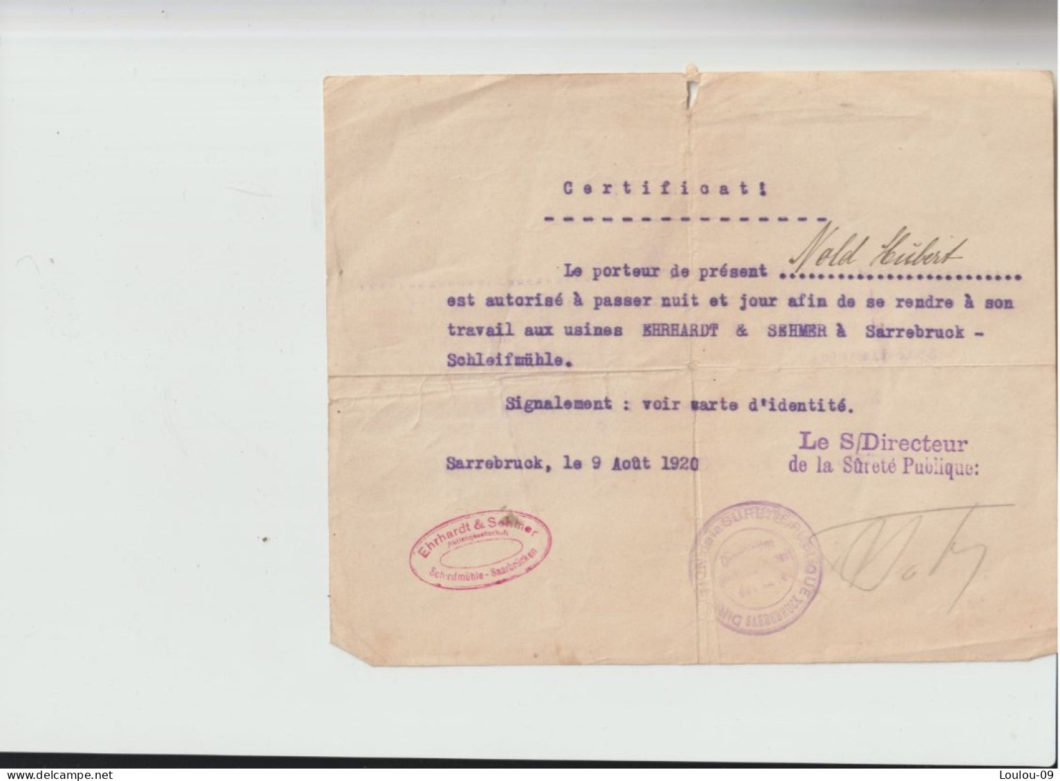 Sarrebruck (Allemagne=)1920-certificat à Mr.Nold Hubert- - Documenti Storici