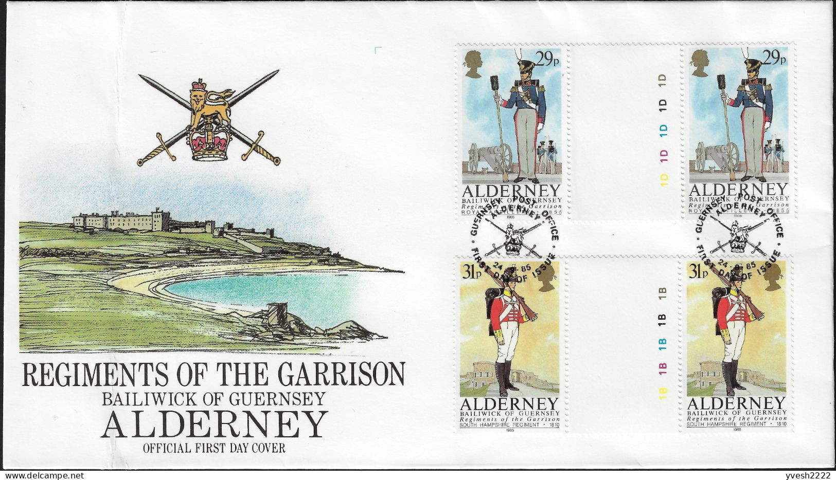 Aurigny Alderney 1985 Y&T 23 à 27 En Paires Interpanneaux Gutter Pairs. Costumes Militaires D'unités Présentes Sur L'île - Textil