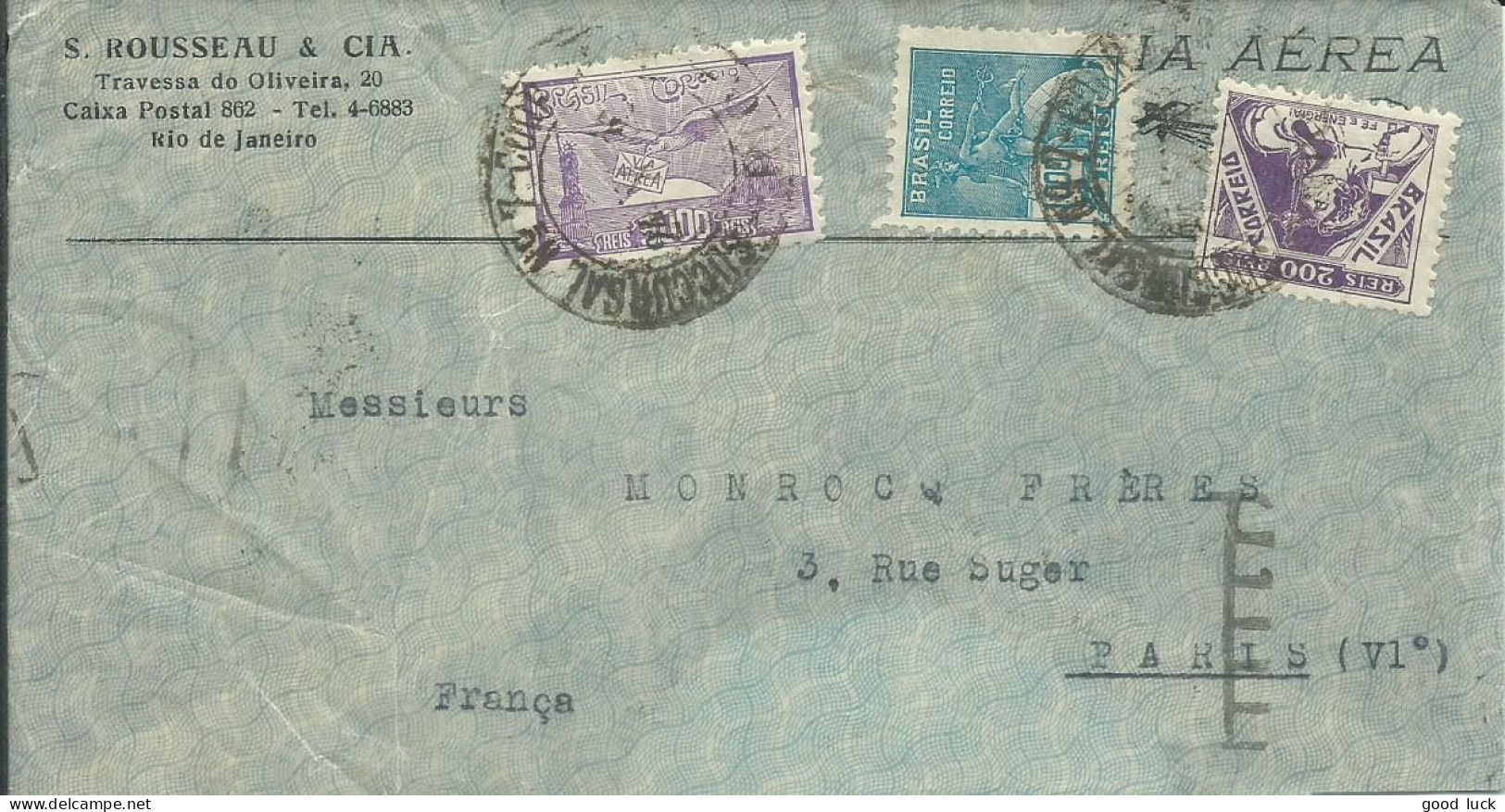 BRESIL LETTRE PAR AVION 6200R RIO DE JANEIRO  POUR PARIS DE 1936  LETTRE COVER - Storia Postale