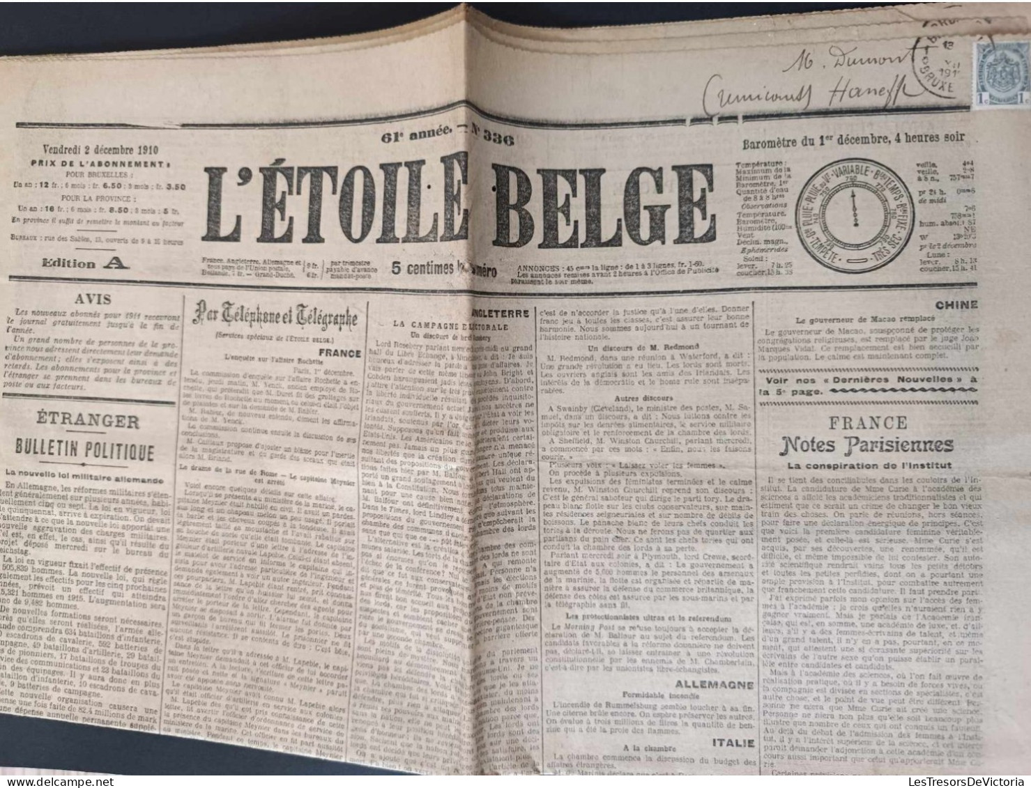 L'étoile Belge - Vendredi 2 Décembre 1910 - Autres & Non Classés