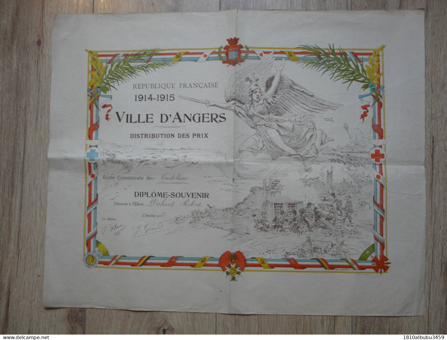 VIEUX PAPIERS - DIPLÔME-SOUVENIR (54,5 X 44 Cm) : Distribution Des Prix - VILLE D'ANGERS 1914-1915 - Diploma's En Schoolrapporten