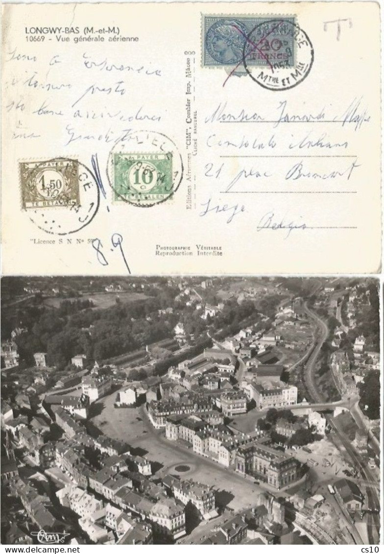 France Fiscal 20F Pcard Longwy-Bas 7sep1953 X Belgium Taxed P.Due F.1,50 + C.10 In Liege - Storia Postale