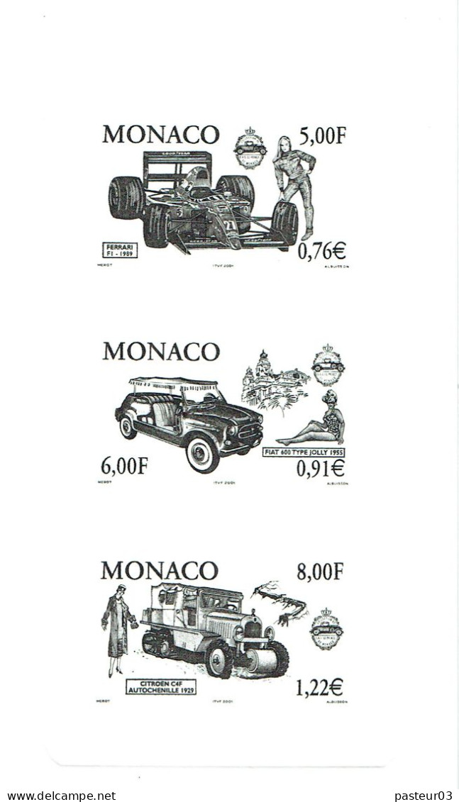 2276 à 2278 Monaco Epreuve Timbres Ferrari F1 1989, Fiat 600 1955 Citroën C4F 1925 Thème Automobile - Briefe U. Dokumente