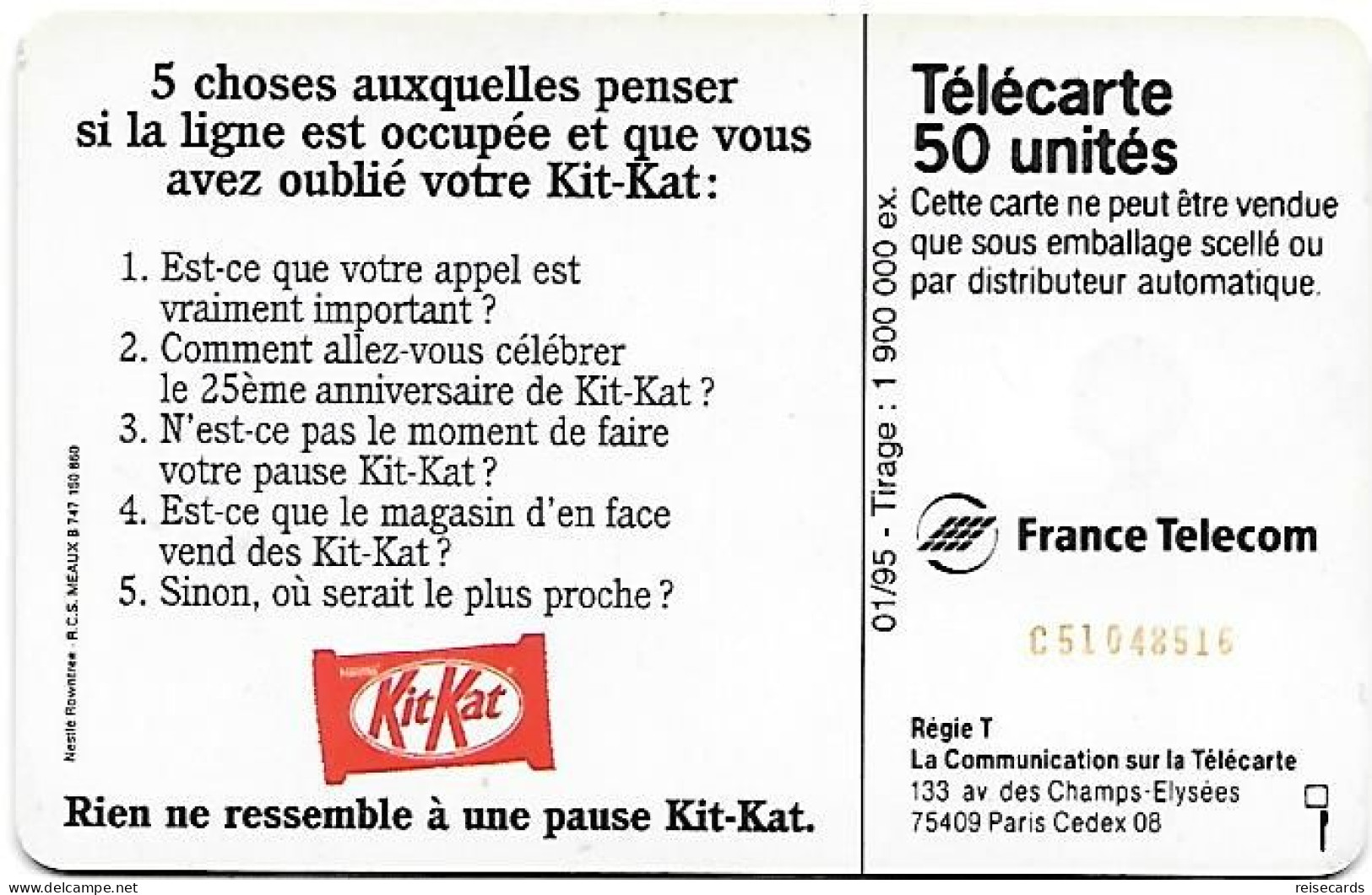 France: France Telecom 01/95 F538A Nestlé - KitKat. Mint - 1995