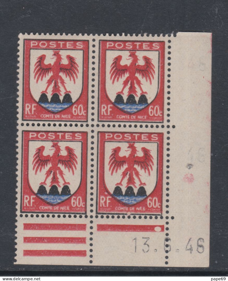 France N° 758 XX : Armoiries De Pro. : Nice  En Bloc De 4 Coin Daté Du 13 . 5 . 46 : 1 Point Blanc Sans Char. TB - 1940-1949